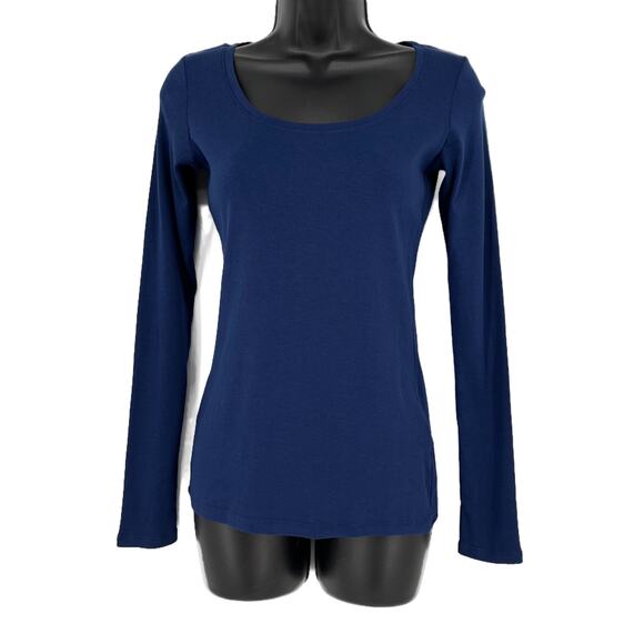 Cuyana Long Sleeve Open Neck Tee in Navy Blue Size X-Small - Picture 1 of 8